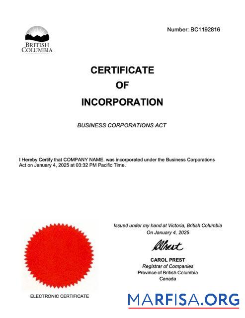 Downloadable British Columbia certificate of incorporation Word and PDF template, version 2